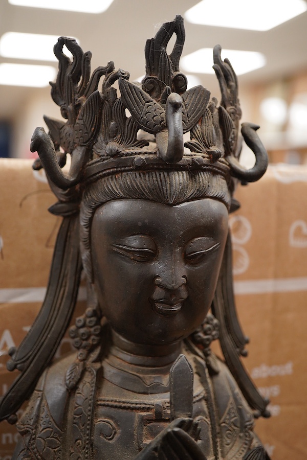 A Chinese late Ming bronze seated figure of Xi Wangmu, early 17th century (on stand). 34.5cm high not including stand.